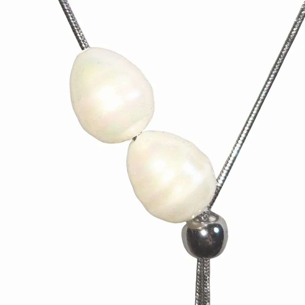 Chico's Faux Freshwater Pearl Silver Tone Snake Chain Adjustable Lariat Necklace